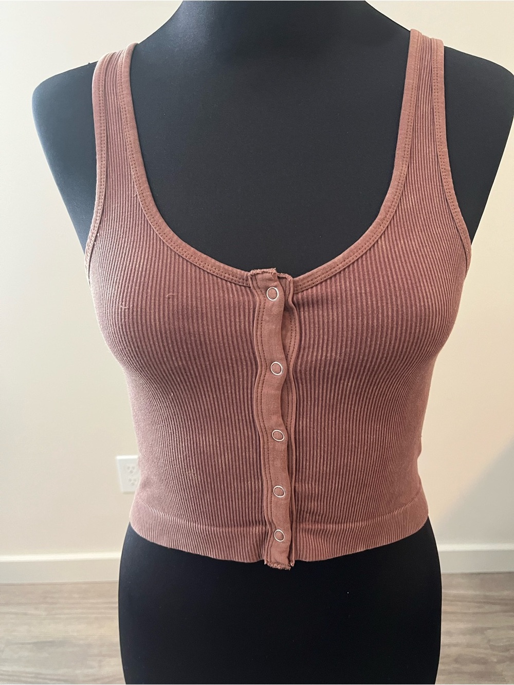 Source Unknown Ribbed Button-Front Crop Tank - Brown - Picture 2 of 4